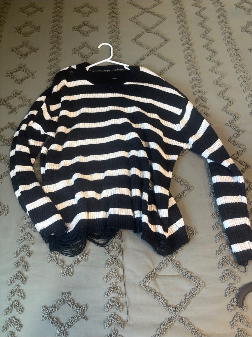 Women’s Black & White Striped Crewneck Sweater distressed